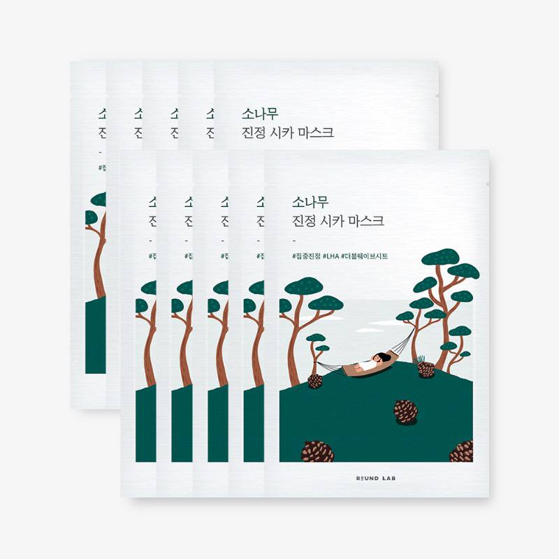 ROUND LAB Успокаивающая маска с экстрактами сосны и центеллы Round Lab Pine Calming Cica Mask Sheet 27 мл.*10 шт